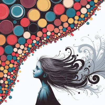 The primary subject of the image is a young girl with long hair. She is the main focus of the scene. The setting is a colorful background, possibly a painting or an illustration. The visual style is a combination of digital art and drawing, creating a unique and artistic representation. The colors and mood of the image are vibrant and lively, with the girl's hair flowing and the background featuring a variety of colors.